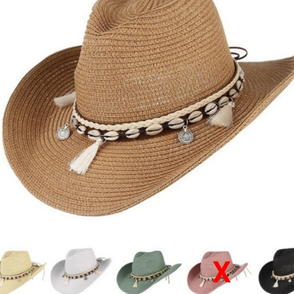 Unisex Western Straw Sun Hat Cowrie Cowry Shells 3.5" Wide Brim Khaki Tan Boho - Picture 3 of 14